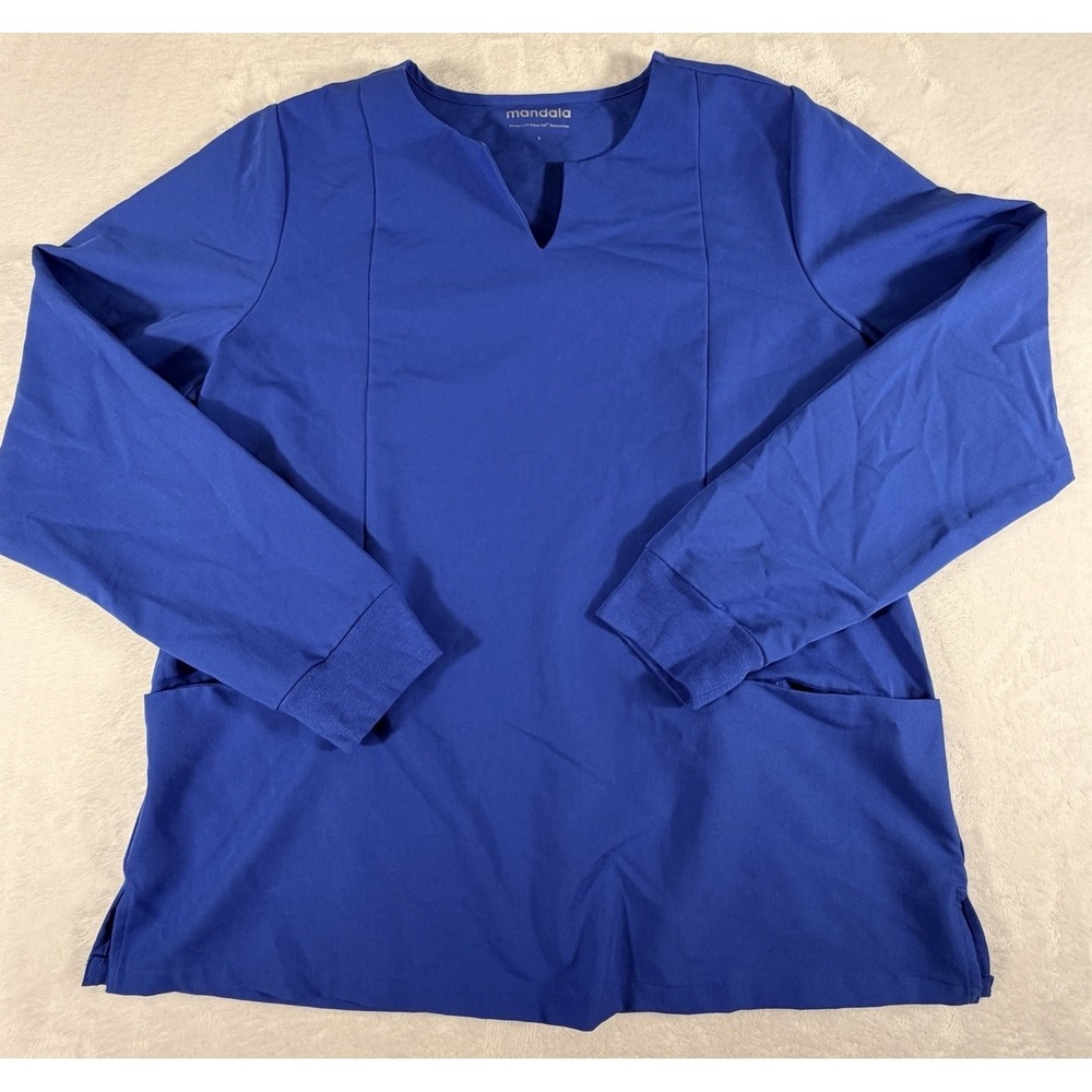 Mandala Scrub Top Women's Size L Blue Long Sleeve V Neck Pockets